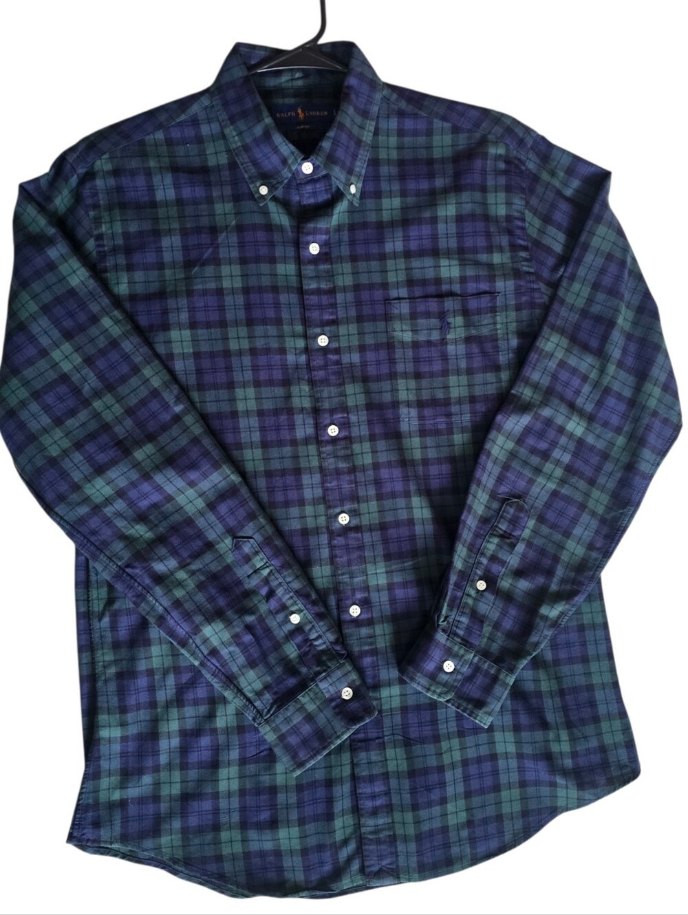 Ralph Lauren Slim Fit Blue Green Plaid Preppy Button Down Long Sleeve Large